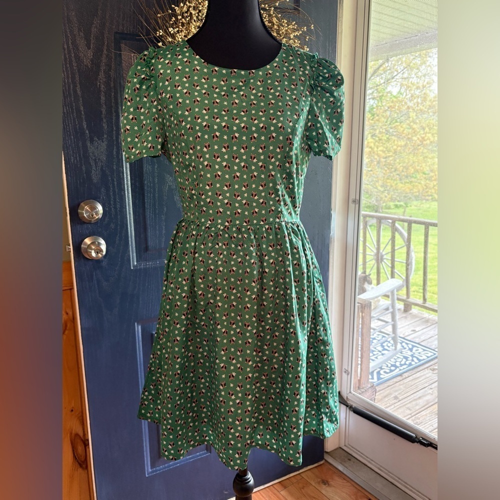 Alice Moon Green Puff Sleeve A-Line Mini Dress Owl Print size Small.